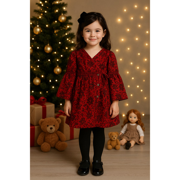 Tea Collection Red Floral Scroll Wrap Dress | Long Bell Sleeves | Girls Size 5 - Picture 2 of 7
